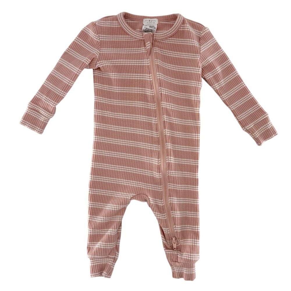 Firsts by Petit Lem Baby Girl Pink White Stripe Ribbed Zipper Footie Pajamas 6M